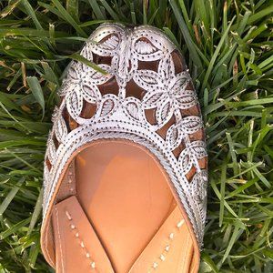 Silver Punjabi Jutti Khussa Indian Sandal Shoes Loafers Slip On Pakistani Flats